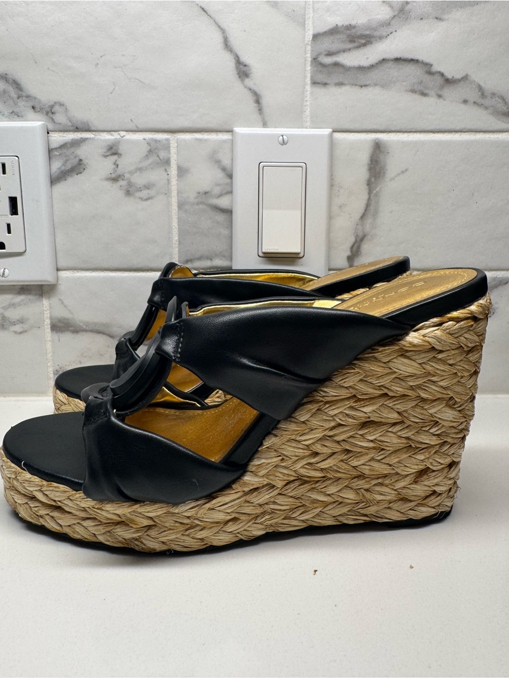 Donna Karan Black Leather Logo Platform Wedge Espadrille Sandal